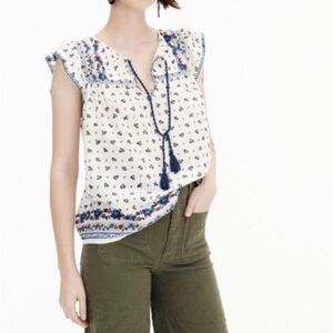 J Crew Point Sur Flutter Sleeve Peasant Top, Floral Print, Keyhole Neck, Size S